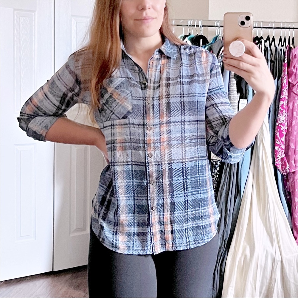 Blue Plaid Button Down Shirt Blouse Semi Sheer Roll Tab Sleeve Women Small New - Picture 8 of 8